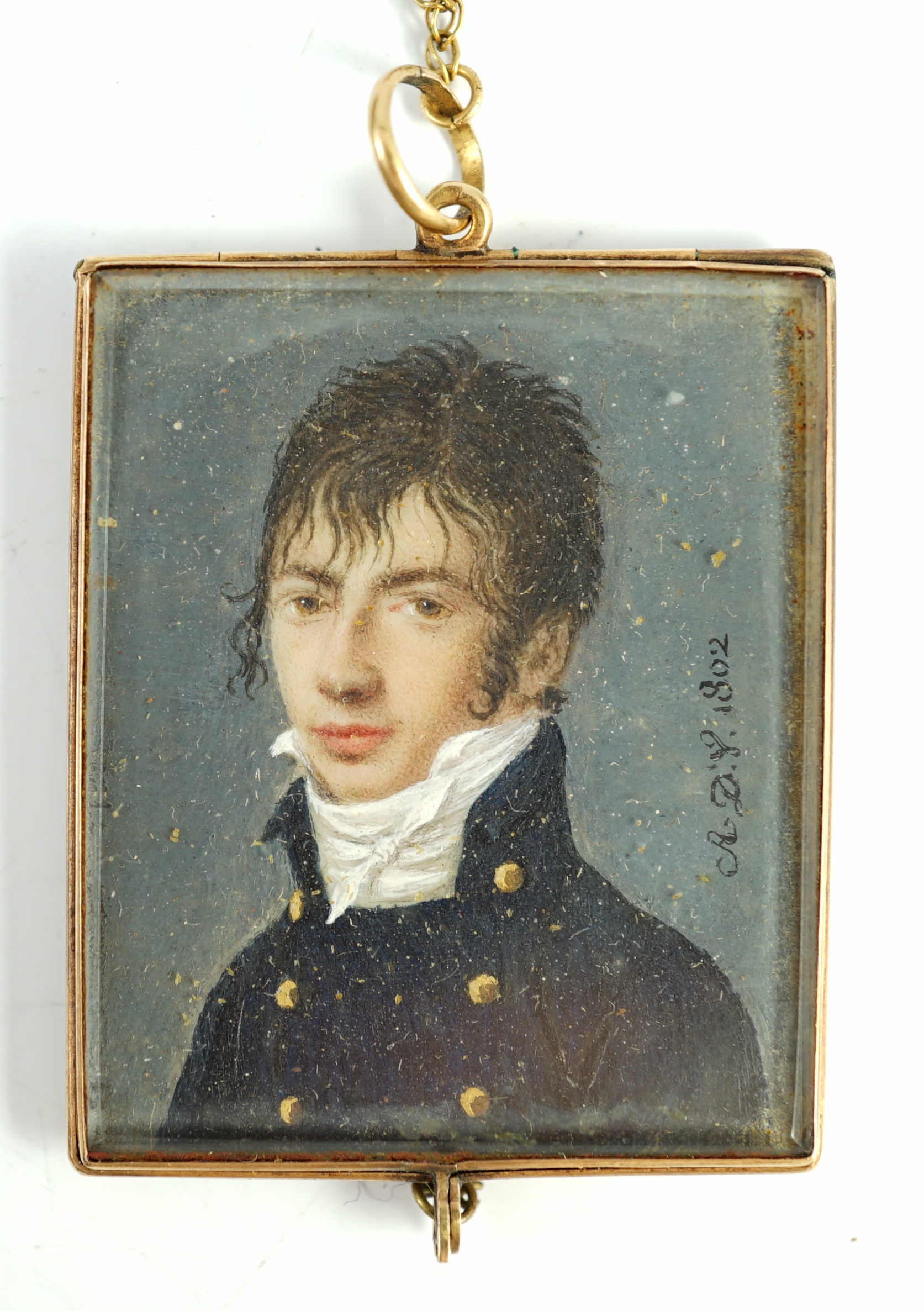 French School 1802, Portrait miniature of a gentleman wearing a blue jacket, watercolour on ivory, 3 x 2.4cm. CITES Submission reference F168N1V2